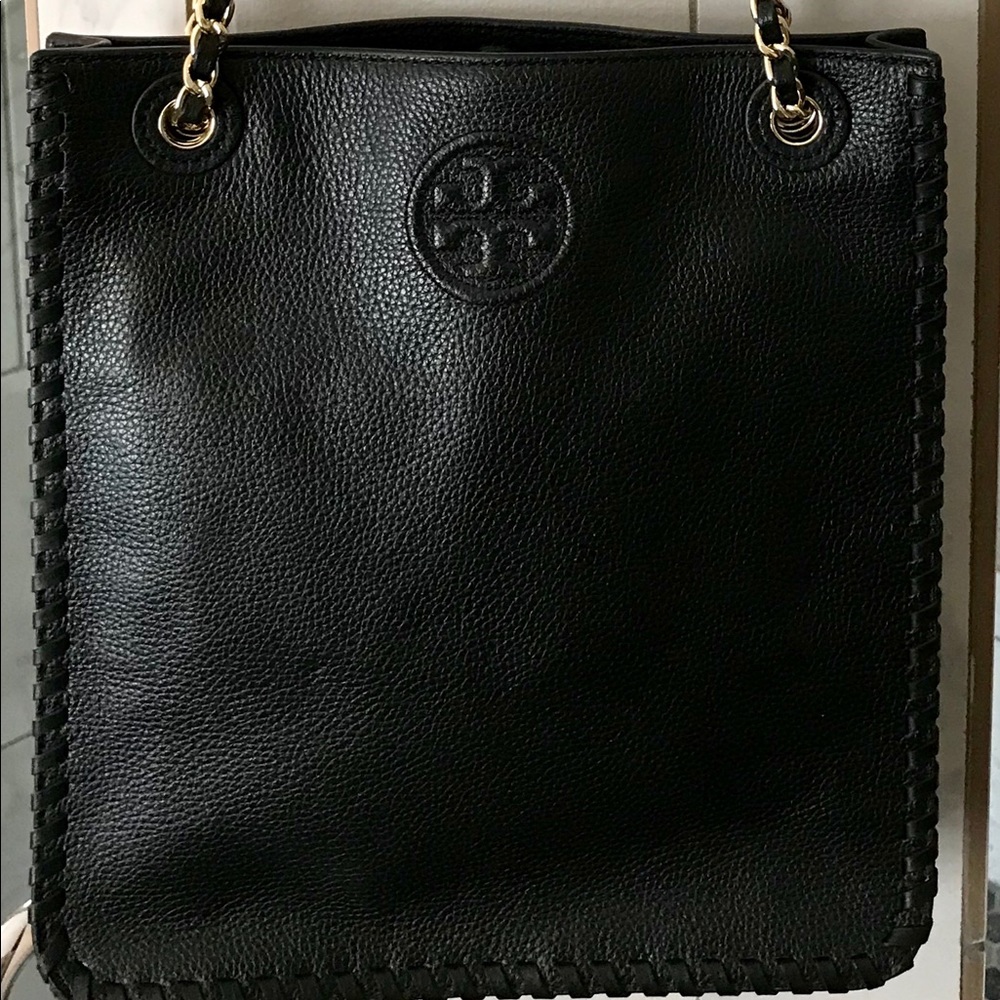 Tory Burch Black Leather Whipstitch Shoulder Tote with Gold Chain